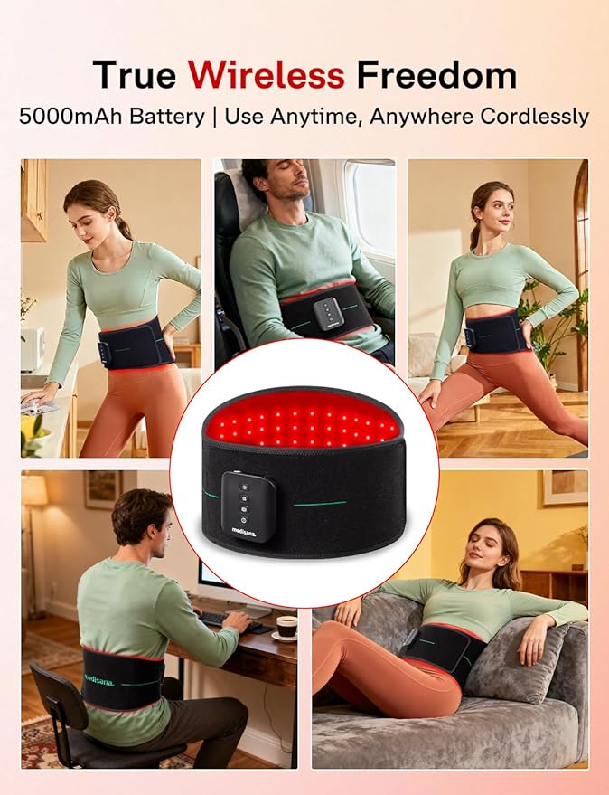 Medisana 3-in-1 Red Light Therapy Belt Cordless &amp Portable Infrared Red Light Therapy for Body with Red Light/Pulse/Heat/Vibration - 660nm/850nm for Back Pain Relief (Regular)