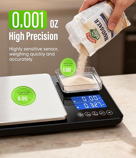 Digital Dual Platform Kitchen Scale 33 lb Large &amp 1.1 lb Mini Food Scale with Dual-Line LCD Display Stainless Steel High Precision for Baking Cooking and Meal Prep