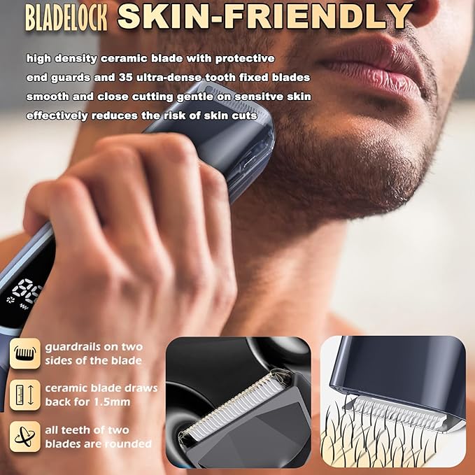 Beard Trimmer for men Vacuum Mustache Trimmer with Type-C Charging IPX7 Waterproof Electric Shaver Body Hair Trimmer for Men with LCD Display Length Adjustable Blade Wheel (1/25-4/5) (Blue)