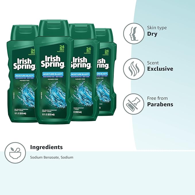 Irish Spring Body Wash Moisture Blast 18 fluid ounce 4 Count (Pack of 1)
