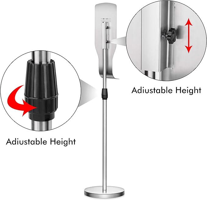 New Star Foodservice 1028881 Freestanding Adjustable Floor Stand for Hand Sanitizer Dispenser with Drip Tray and Weighted Base Customizable Stainless Steel Round Base