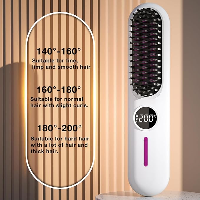 Cordless Hair Straightener Portable Travel Straightening Brush USB Rechargeable Mini Hot Ionic Straightener Comb for Women Fast Heating with 7 Temperature Adjustment (White)