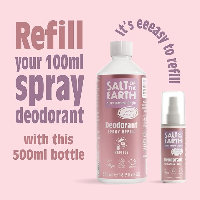 Salt of the Earth - Natural Deodorant Spray Refill - Lavender &amp Vanilla - 100% Natural Origin Ingredients - Vegan - Suitable for Men Women &amp Children - 16.9 fl oz