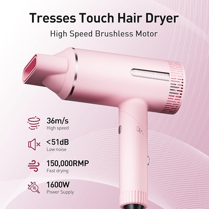 Hair Dryer High-Speed Ionic Blow Dryer Powerful 1600 Watt Motor for Fast Drying and Straight &amp Wavy Hair Foldable Lightweight Hairdryer with Magnetic Suction Nozzle for Home Salon Travel