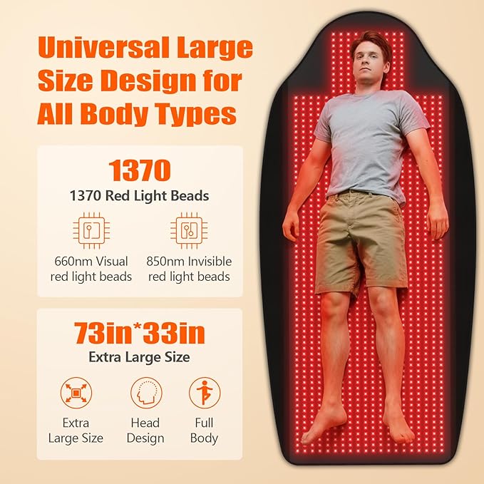 Upgraded 73 x 33 Full Body Red Light Therapy Mat 1370 LEDs Large Infrared Red Light Therapy Pad (660nm &amp 850nm) for Body Pain Relief Premium Leather Adjustable Timer &amp Intensity