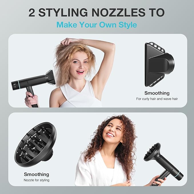 Hair Dryer High-Speed Ionic Low Noise Blow Dryer Powerful 1600 Watt Motor for Fast Drying and Straight &amp Wavy Hair Lightweight Professional Hairdryer with Diffuser &amp Nozzle for Home Salon