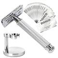 Double Edge Safety Razor Set With 20 Blades Stand Heavy Duty Kit for Men's Everyday Use and Smooth Close Shave (Silvery)