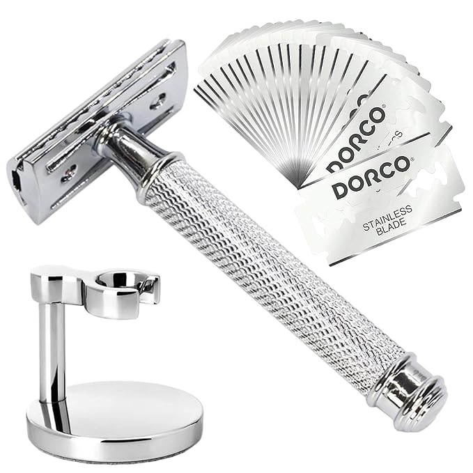 Double Edge Safety Razor Set With 20 Blades Stand Heavy Duty Kit for Men's Everyday Use and Smooth Close Shave (Silvery)