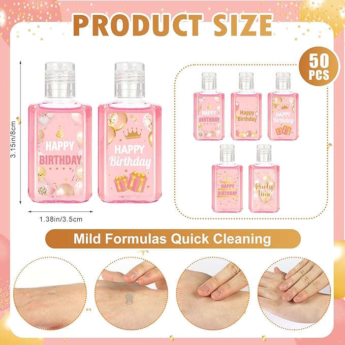 50 Pcs Happy Birthday Mini Hand Sanitizer Bulk Happy Birthday Gifts Party Favors 1fl Oz Hand Sanitizer Natural Plant Fragrance Travel Size Hand Soap Gift for Birthday Baby Shower (Pink Gold)