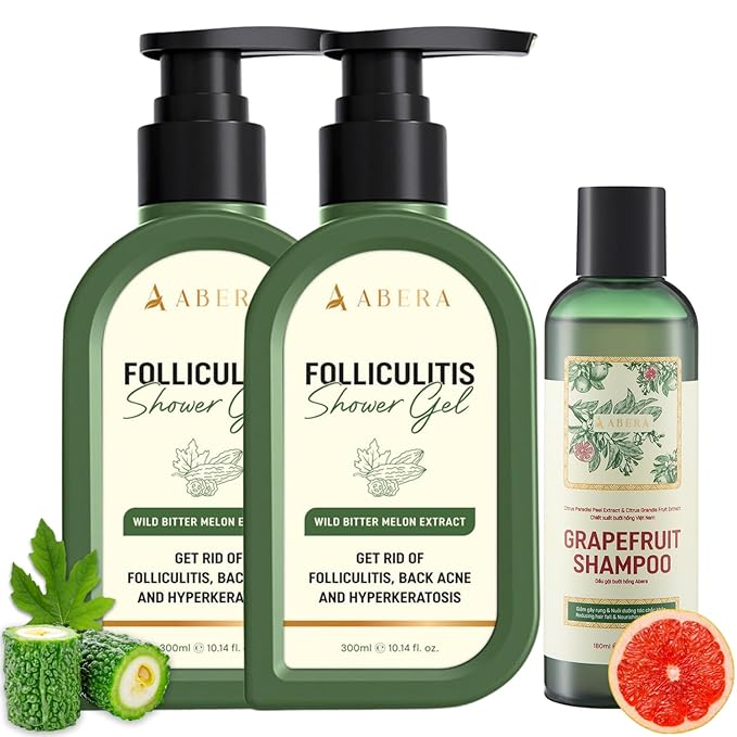 ABERA Folliculitis BHA Shower Gel High-Performance Folliculitis Body Wash Wild Bitter Melon Extract Reduces Back Acne &amp Hyperkeratosis 2 Boxes + Grapefruit Shampoo for Hair Loss