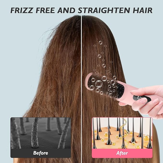 Portable Cordless Hair Straightener Brush for TravelMini Hair Straightener Comb with Negative IonMini BrushRechargeable 3 Temp-SettingPink
