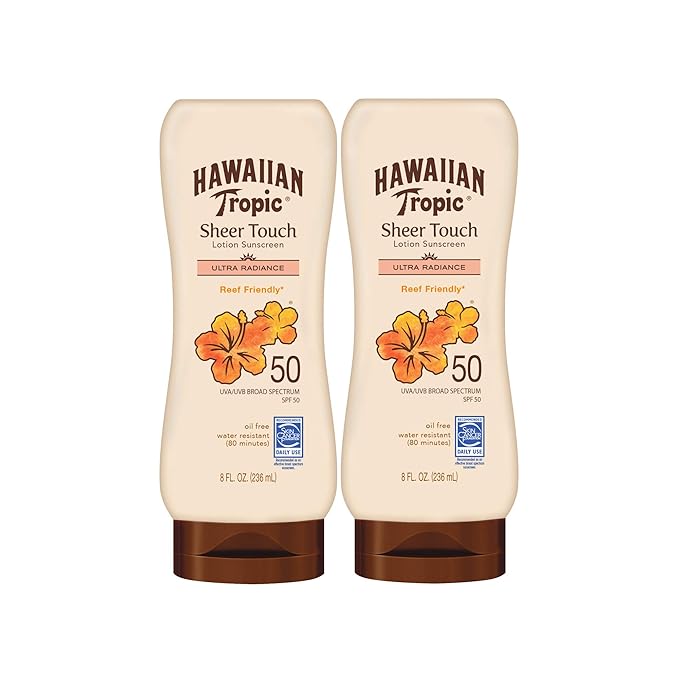 Hawaiian Tropic Sheer Touch Ultra Radiance SPF 50 Sunscreen Lotion Twin Pack with Mineral Powder SPF 30 Sunscreen Brush