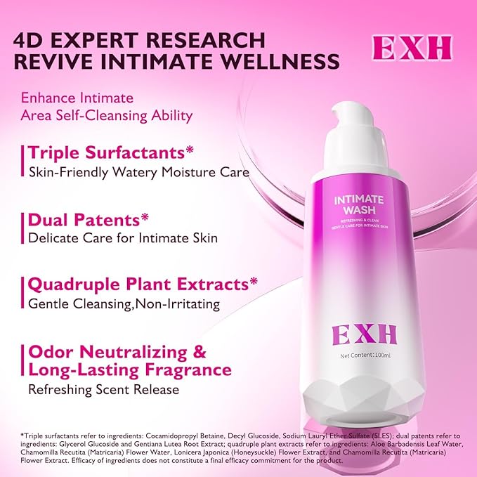 EXH Intimate Wash – Gentle Feminine Cleanser Fights Odor Kills Bacteria Soothes &amp Refreshes All Day pH-Balanced Daily Intimate Care for Women