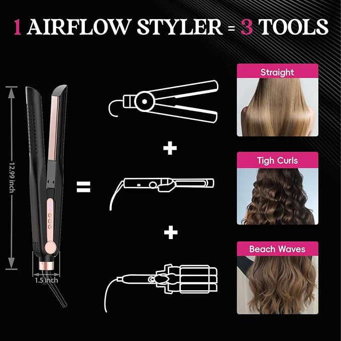 SKIMI Airflow Styler 2.0 Titanium Flat Iron Hair Straightener &amp Curling Wand 96 Cool Air Vents for 48H Lasting Style Dual Voltage for Travel &amp Home Anti-Tangle 5 Temps (Black &amp Blush).