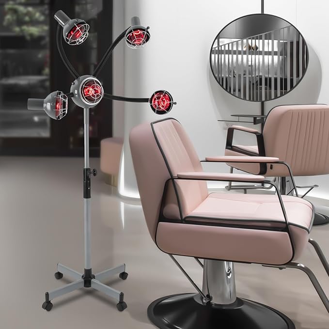 5 Head Infrared Heat Lamp Salon 750W Hair Color Processor Infrared Red Light with Rolling Wheels Adjusting Height Hair Salon Heat Lamps for Processing Silver-Grey