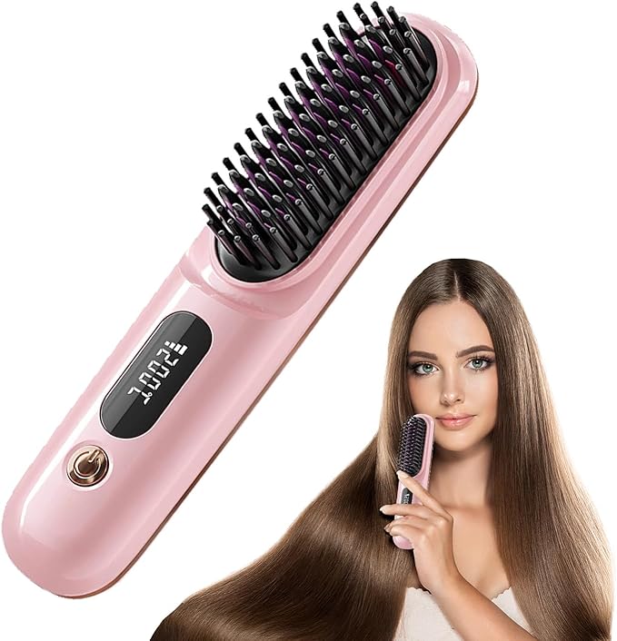 Cordless Hair Straightener Brush -Portable Mini Hair Straightener Comb Dual Voltage Travel Straightening Brush with 3 Temp-Settings Ultra-Lightweight &amp Travel-Ready Pink