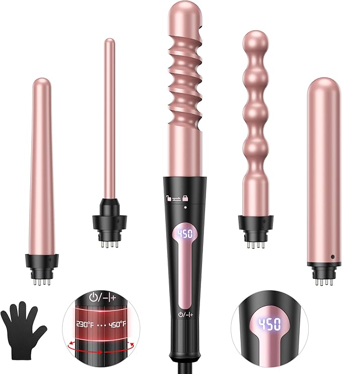 Curling Iron Curling Wand Set Instant Heat Up Hair Curler with Interchangeable Tourmaline Ceramic Barrels 0.35 to 1.25