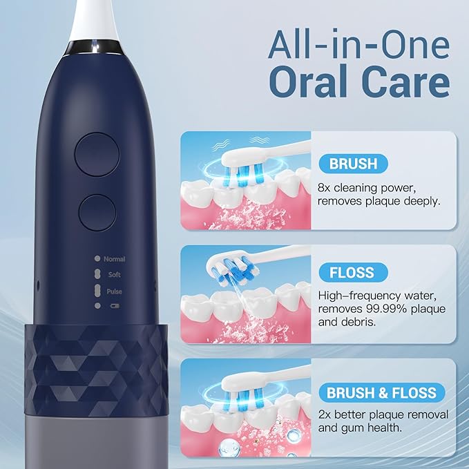 Marchpower Upgraded 2-in-1 Electric Toothbrush with Water Flosser 3+4 Smart ModesPortable Oral Irrigator with Point-Jet Rechargeable IPX7 Waterproof for Home &amp Travel UseNavy Blue