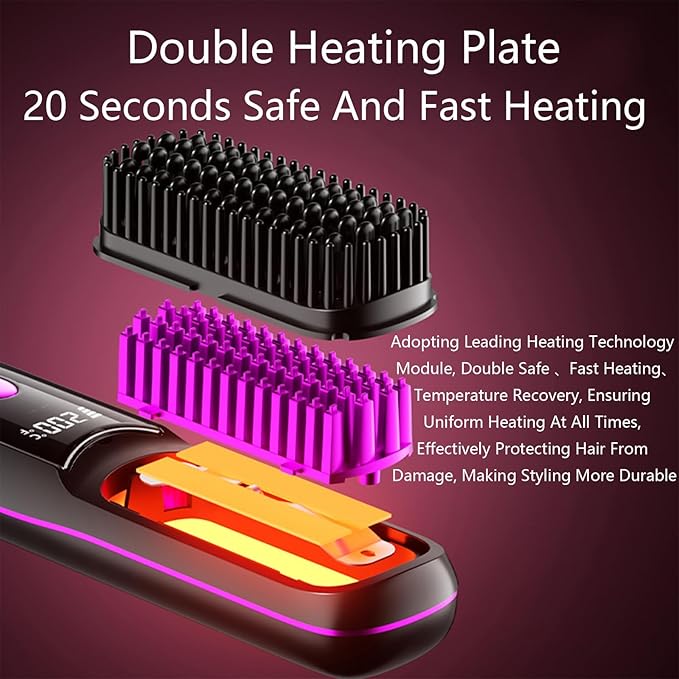 Go Brush Pro Hair Straightener – Cordless Comb with Base Negative Ion 6000mAh Fast Heating &amp Portable Travel Design Rechargeable Brush for Straightening and Curling (Black-1Pcs)