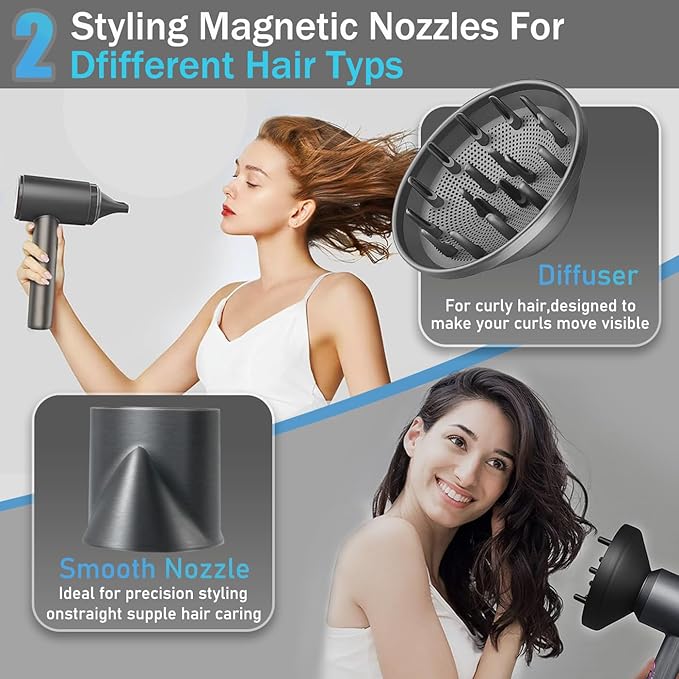 CONGENIAL™ Ionic Hair Dryers Fast Drying Blow Dryer with Ceramic Technology for All Hair Types Curly Hair with Diffuser Light Quiet and Powerful (Grey)