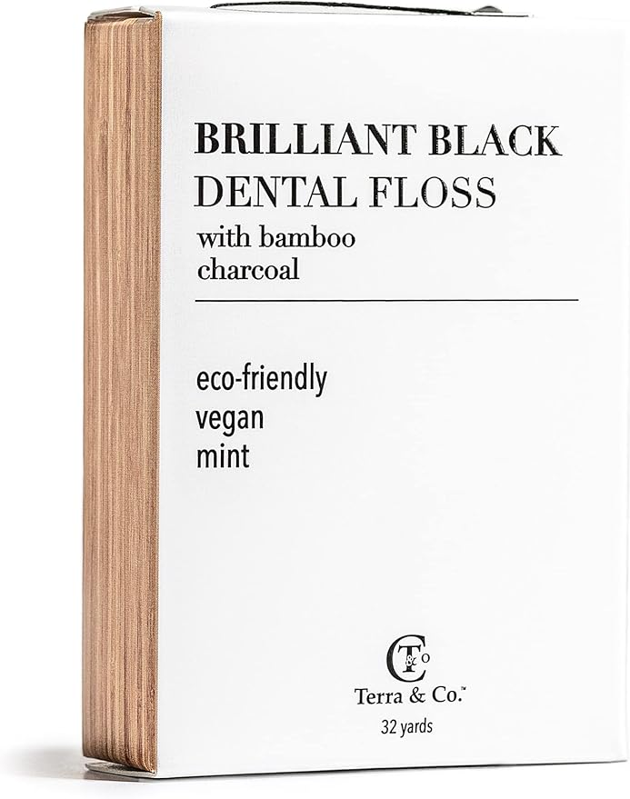 Terra &amp Co. Brilliant Black Dental Floss (3 Pack) | Organic Teeth Whitening Products | All Natural with Activated Bamboo Charcoal | Vegan &amp Cruelty Free | Luxury Dental Care