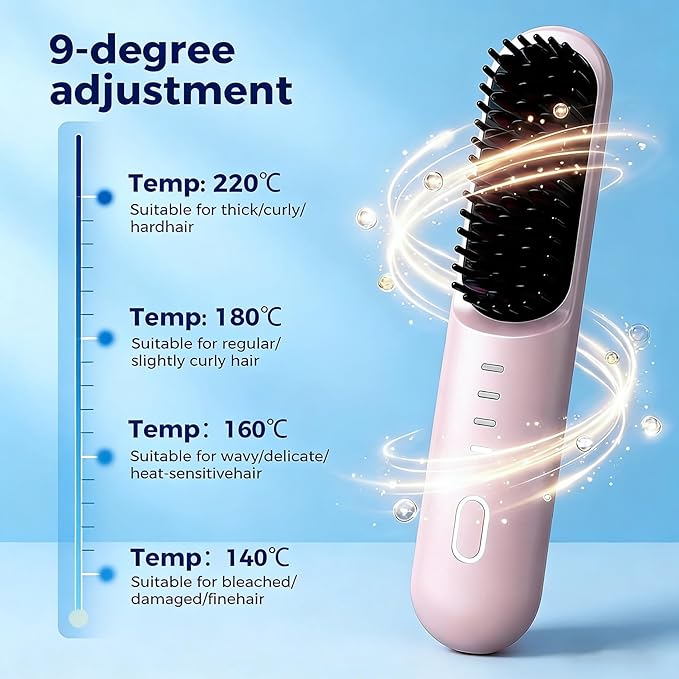 Cordless Hair Straightener Brush - Ionic Portable Straightening Comb with 3 Temp Settings 30s Fast Heating &amp Ceramic Care USB-C Rechargeable Mini Heated Brush for Short Hair &amp Travel (Pink)