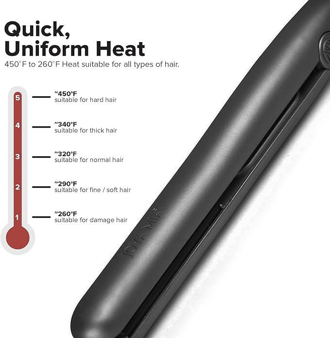 JOYA MIA Diva 1 Ceramic Hair Straightener - Portable Lightweight &amp Compact Flat Iron with Rubberized Coating &amp Automatic Shut-Off Travel-Friendly for All Hair Types - Heats Up to 450F Bla