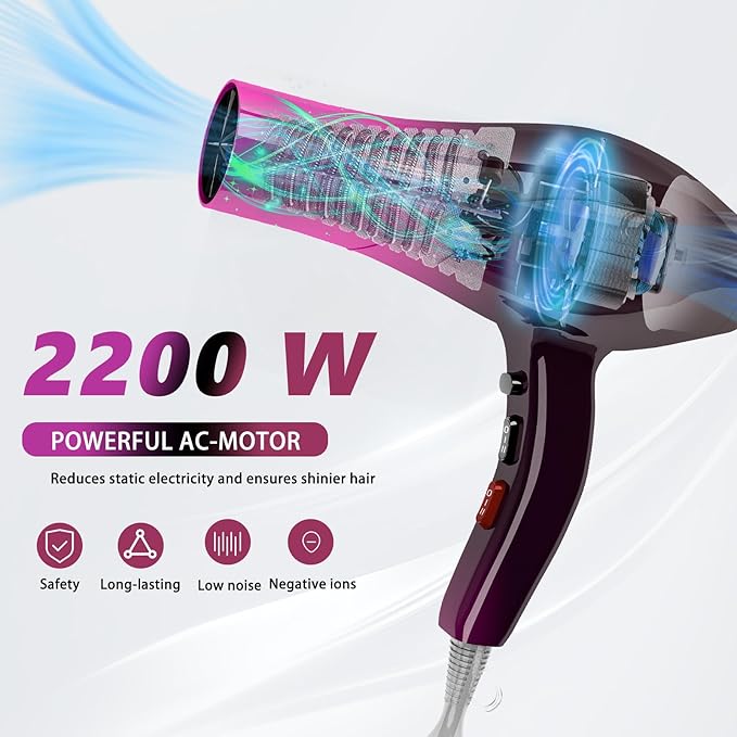 Ionic Hair Dryer2400W Negative Ion Low Noise Hair Dryer Professional Fast Drying Hair Dryers with 2 Speeds 3 Heat Settings Cooling Buttonwith Diffuser for Curly and Straight Hair（Crimson Fade）