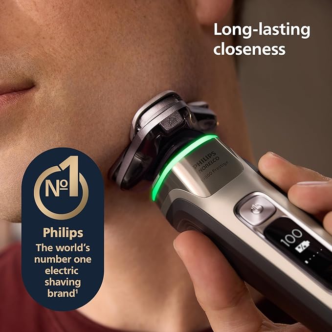 Philips Norelco Shaver i9000 Prestige - Wet &amp Dry Electric Shaver Gold Oyster Sense IQ Technology Triple Lift &amp Cut System 360 Rotating Dual SteelPrecision Blades Quick Clean Pod Model X
