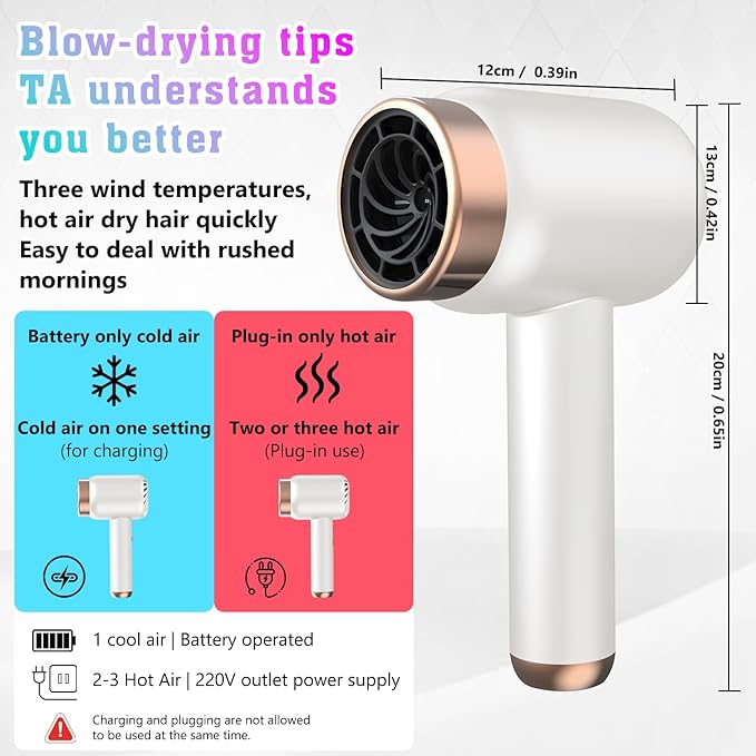 Cordless Hair Dryer for Women with BatteryRechargeable Blow Dryer3 Speed Fast Drying Portable Hair DryersPortable Wireless Hair DryerLow Nois USB Rechargeable Blow Dryer for Travel and Home(White)