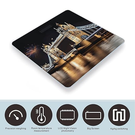 Night London Tower Bridge Scale for Body Weight Anti-Slip Sturdy Tempered Glass Weighing Machine Highly Digital Accurate Bright LCD Bathroom Scale for Household Gift