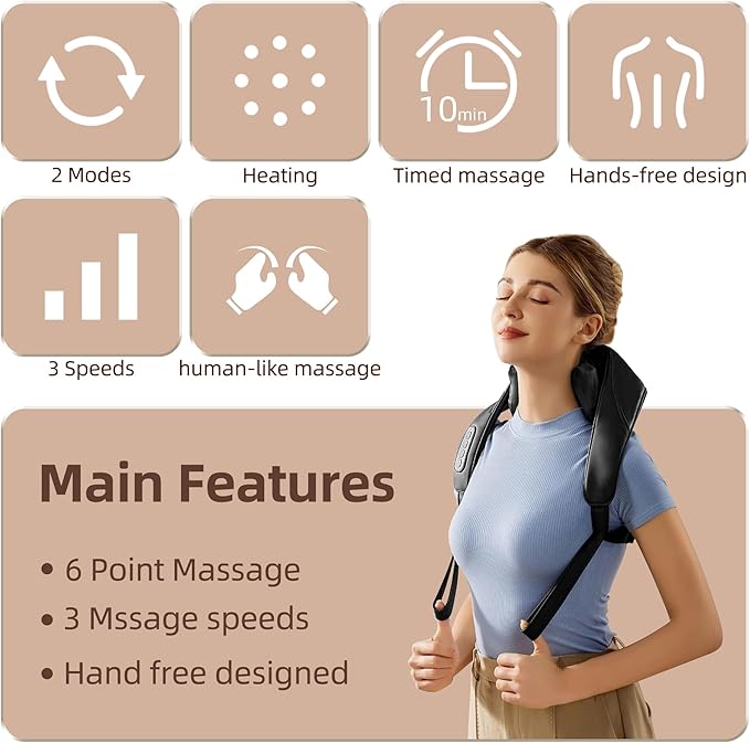 iBooMas Neck Massager with Heat 4D Shiatsu Deep Tissue Back and Shoulder Massager 2 Modes 3 Intensity for Muscle Relaxation Hands-Free Design Best Gifts for Women Men (Black)