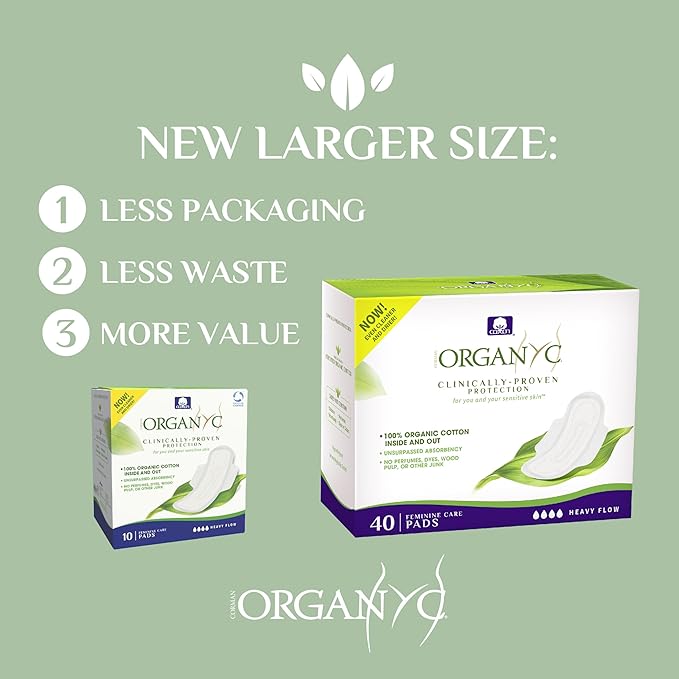 Organyc - 100% Certified Organic Cotton Inside and Out Feminine Pads Sanitary Napkin 40 Count Heavy Flow New Larger Size Packaging