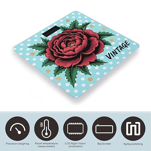 Vintage Peony Scale for Body Weight Sturdy Tempered Glass Weighing Scales with LCD Display Accurate Digital Bathroom Scale Convenient Body Fat Smart Scales Easy Read
