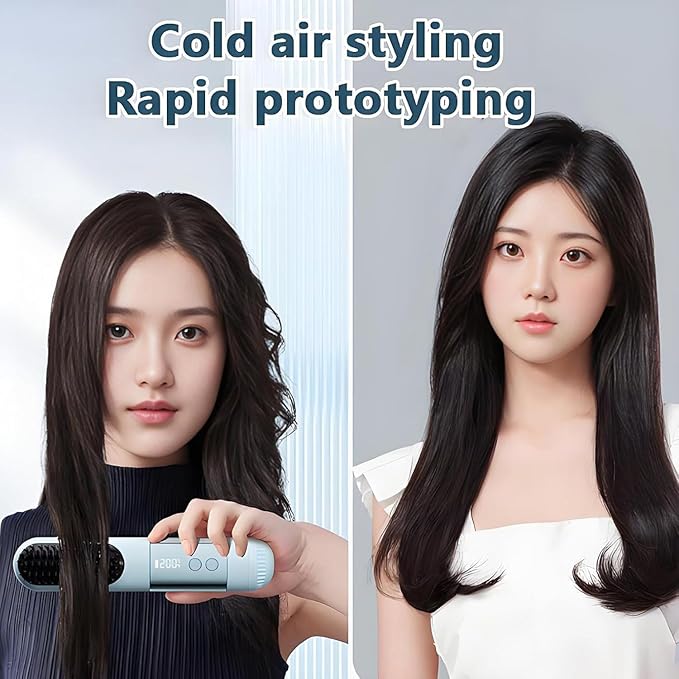 Upgraded Go Brush - Pro for Short Hair 3 Heat Settings for All Hair Types 30s Fast Heat Ionic &amp Ceramic Care Cold Air Mode 2500mAh USB-C Rechargeable Straightening Brush (A-Blue)