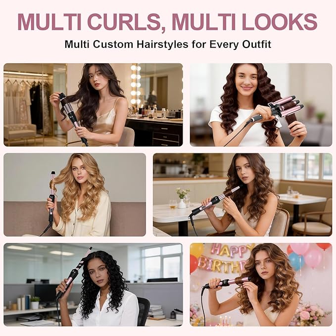 6 in 1 Wand Curling Iron Set 3 Barrel Curling Wand Set with Thermal Brush (1.5) and 5 Interchangeable Ceramic Hair Wand Curler (0.35-1.25) Home Travel Multi Curl 2 Temp 30S Instant Heat Up