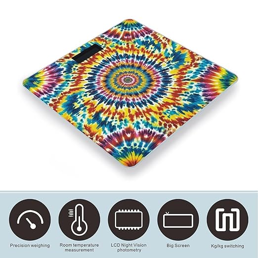 Color Tie Dye Bathroom Scale Automatic Power On/Off Body Scales LCD Backlight Display Square Digital Scale Rounded Corners Bathroom Scales for Home Bedrooms