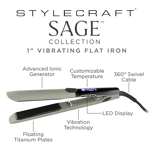 StyleCraft Sage Hair Styling Bundle - Lightweight Professional Hair Dryer Vibrating Flat Iron 2-in-1 Curling Wand &amp Styling Brush Triple Barrel Deep Waver - Tourmaline &amp Titanium Tools Holi