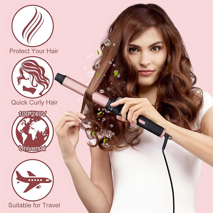5 in 1 Curling Wand Set - SIQUER Curling Iron Set 1/2 to 1 1/4 Inch Beach Waves Wands 1 1/2 Inch Thermal Brush Fast Heating Up Hair Curlers for Women with Protective Gloves Clamps (Rose Black)