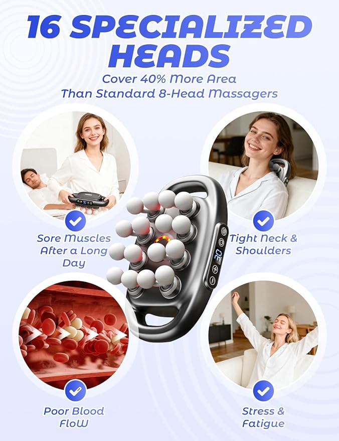 Veloreva Massager 16 Head Massage Gun Deep Tissue Fast Relief in 60 Seconds Pro Massager with 3 Modes &amp 30 Levels Stops Pain from Coming Back Spa-Like Shoulders Neck Back Arms Legs