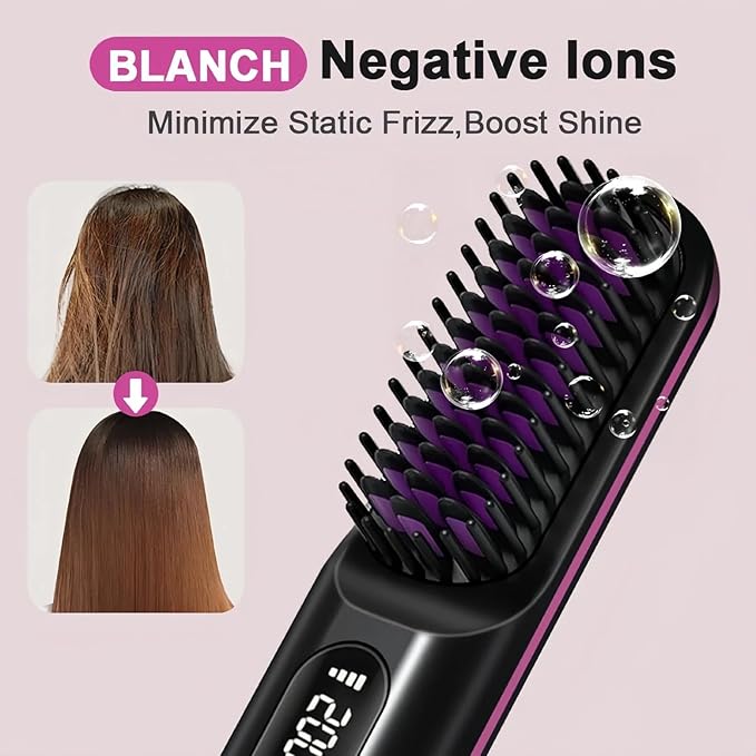 Cordless Hair Straightener Brush for Women Portable Travel Hair Straightener Brush Ionic Ceramic Mini Hot Comb with Fast Heating 3 Heat Settings USB Rechargeable Anti-Frizz Styling Tool (White)
