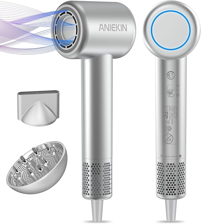 Hair Dryer High-Speed Ionic Low Noise Blow Dryer with Brushless Motor for Fast Drying Thermo-Control Quiet Compact Hair Blow Dryer with Magnetic Diffuser for Curly Hair for Home Travel Salon