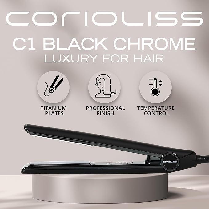 Corioliss C1 Flat Iron Hair Straightener Professional Titanium Plates Temperature Control Travel Case (Black Soft Touch Chrome)