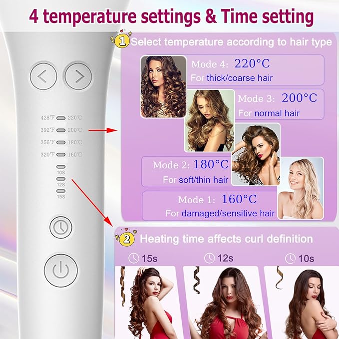 Automatic Rotating Curling Iron Automatic Hair Curler 4 Temperature Settings for All Hair Types 3 Heating Durations for Diverse Styles 1 Inch Beach Waves Curling Wand