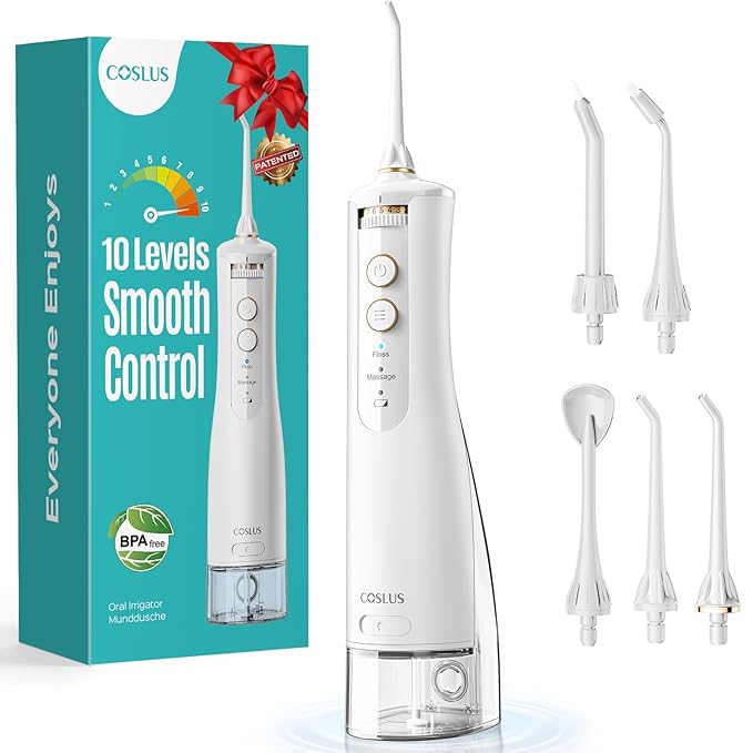 COSLUS E40 Portable Water Flosser for Teeth: 10 Pressure Settings Professional Water Dental Pick for Orthodontic Braces &amp Sensitive Gums - Cordless for Travel Use for Adults Teens BPA-Free