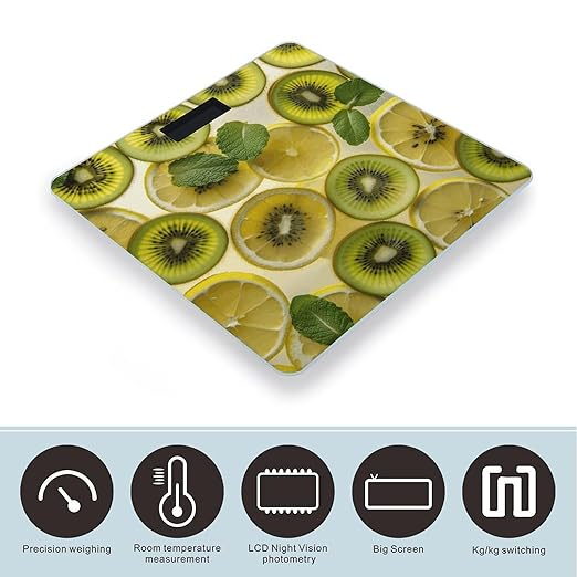 Sliced Lemon and Kiwi in Drink Scale for Body Weight Anti-Slip Tempered Glass Digital Bathroom Scales Clear LCD Display Weighing Scale Safe Rounded Corners Smart Scales