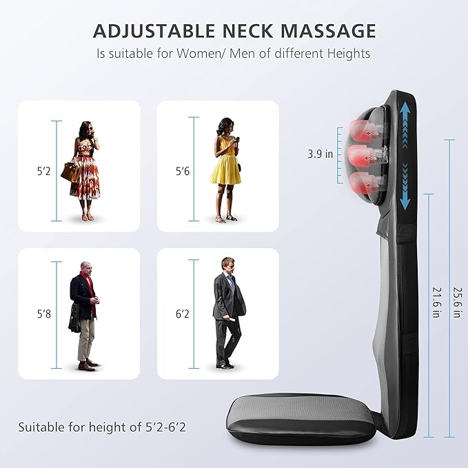 Snailax shiatsu Neck &amp Back Massager with Heat Full Back Kneading Shiatsu or Rolling Massage Massage Chair pad with Height Adjustment Back Massager for Neck and Shoulder