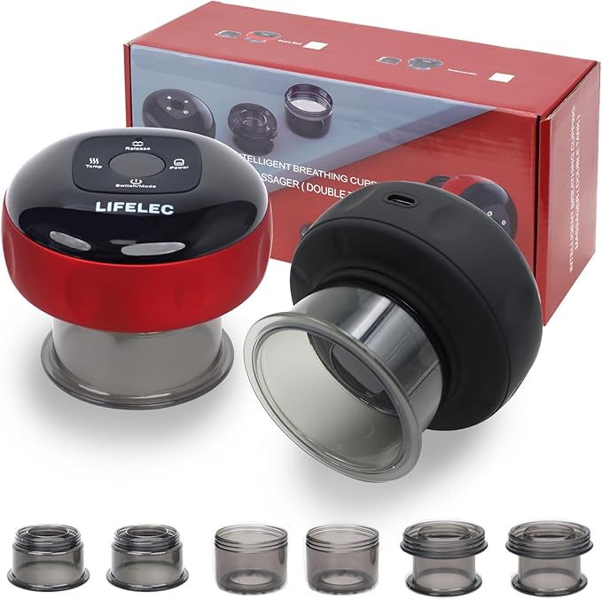 LIFELEC Smart Cupping Therapy Set - 6 Cups (Large/Press/Move) 12-Level Heat &amp Suction Smart Red Light Therapy - Dual Massagers for Simultaneous Use - 2 Pack Set for Athletes Fitness Pain Relie