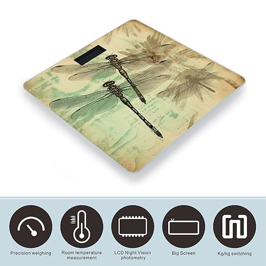Dragonfly Dragonflies Vintage Bathroom Scale Automatic Power On/Off Body Scales LCD Backlight Display Square Digital Scale Rounded Corners Bathroom Scales for Home Bedrooms