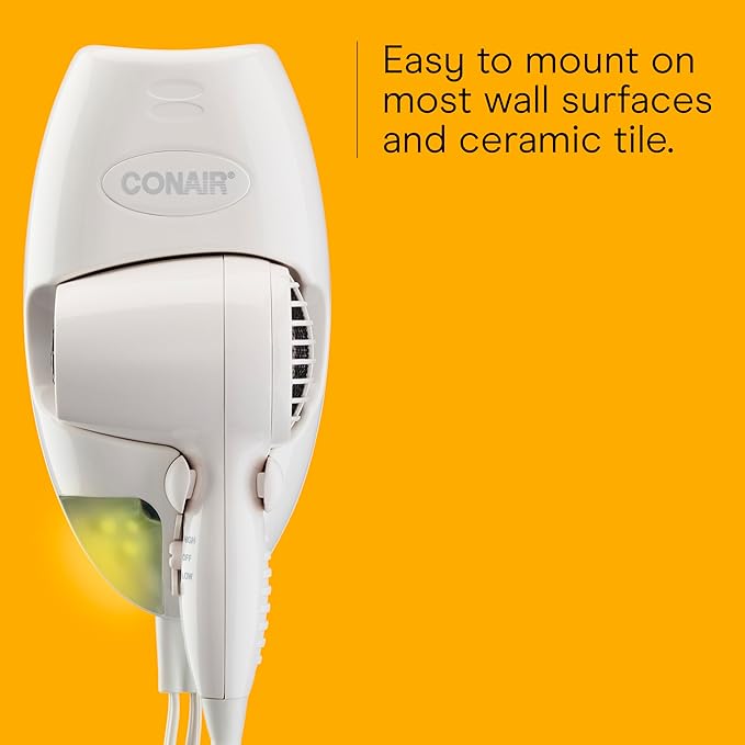 Conair Wall-Mount Hair Dryer 1600W Blow Dryer with LED Nightlight 2 Heat 2 Speed Settings White